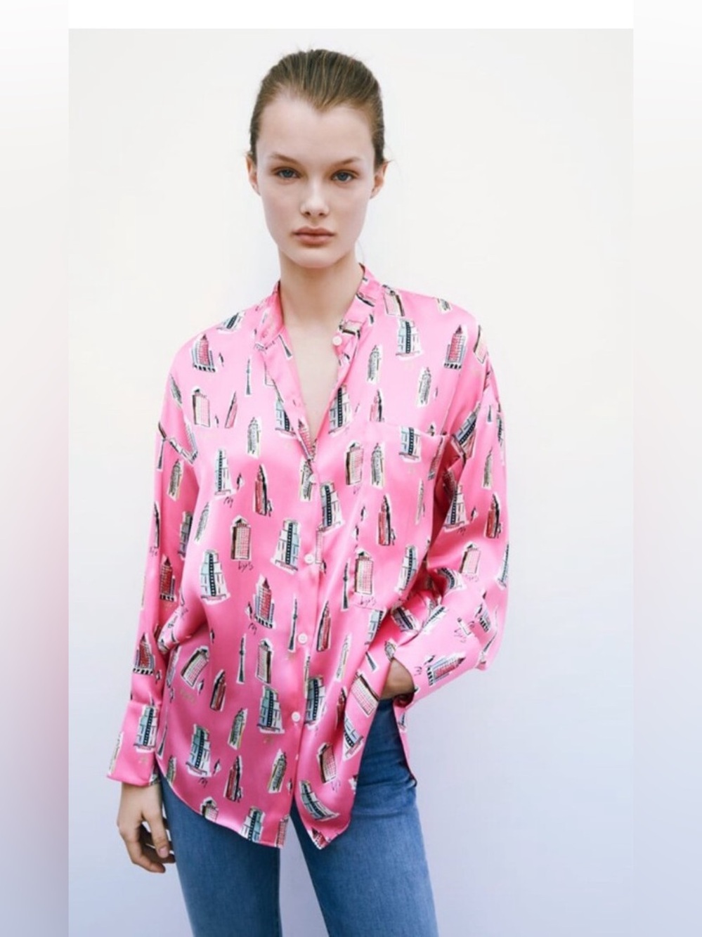 Zara oversized Pink Skyline Print Blouse